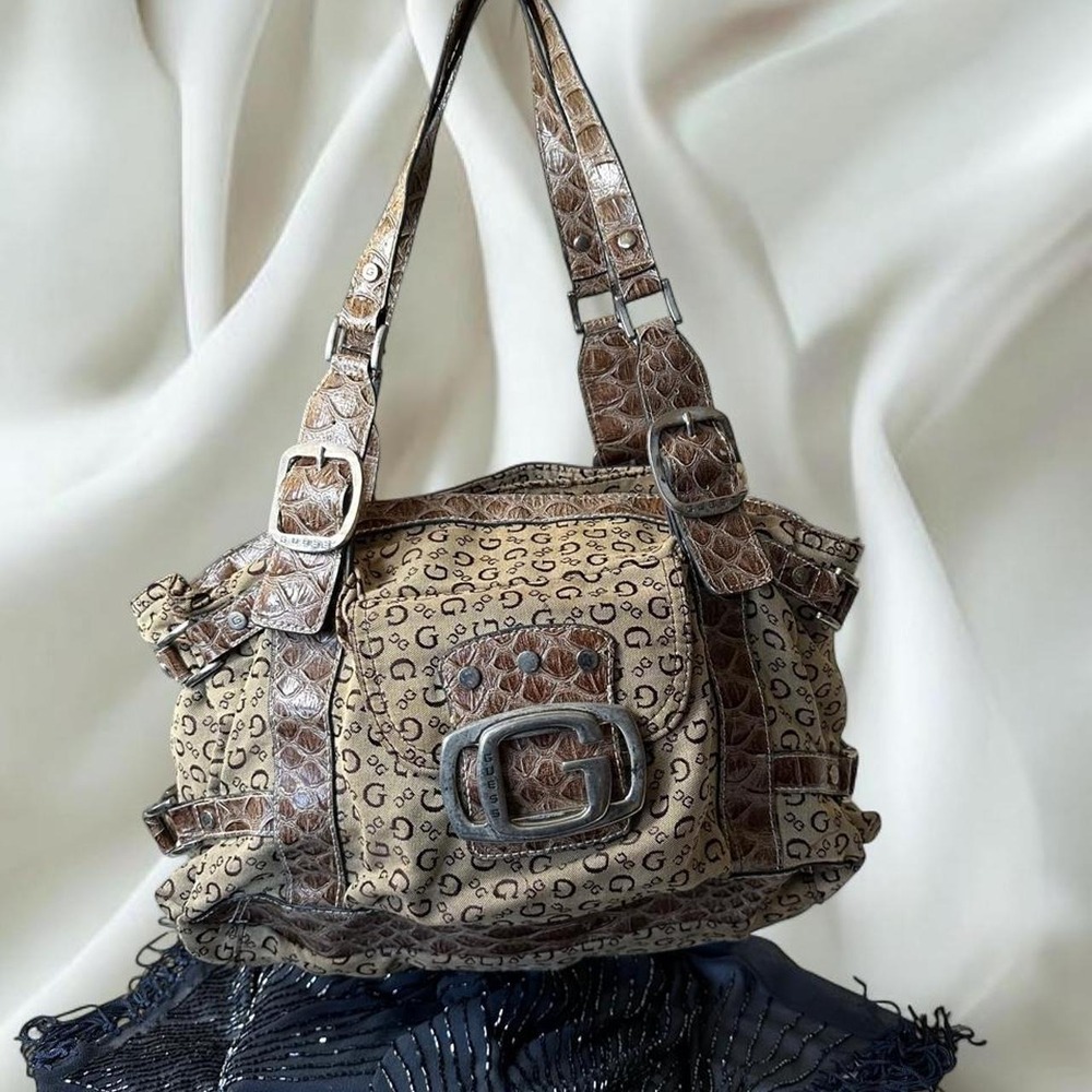 Guess brown‎ monogram tote shoulder bag crocodile trim silver logo buckle y2k